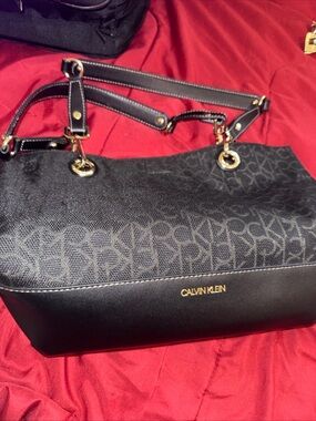 Calvin Klein Black Monogram Shoulder Tote with Gold Hardware